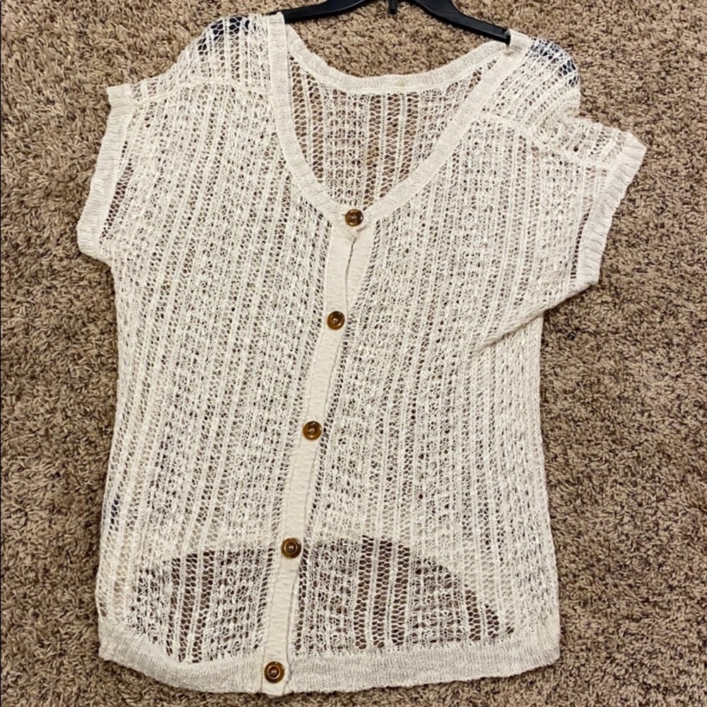 Cream button back crocheted knit sweater